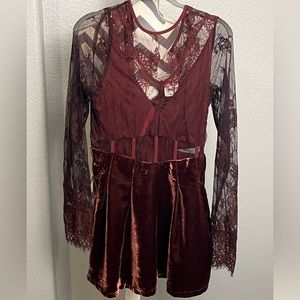 NWT Free People Lace inset burgundy velvet dress XS